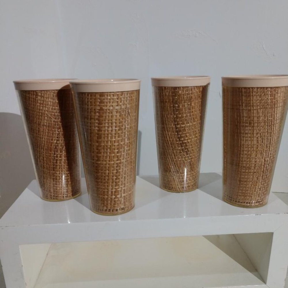 Vtg Insulated Tumblers 4 Plastic Cups Rattan Raffia Wicker MCM Retro Barware